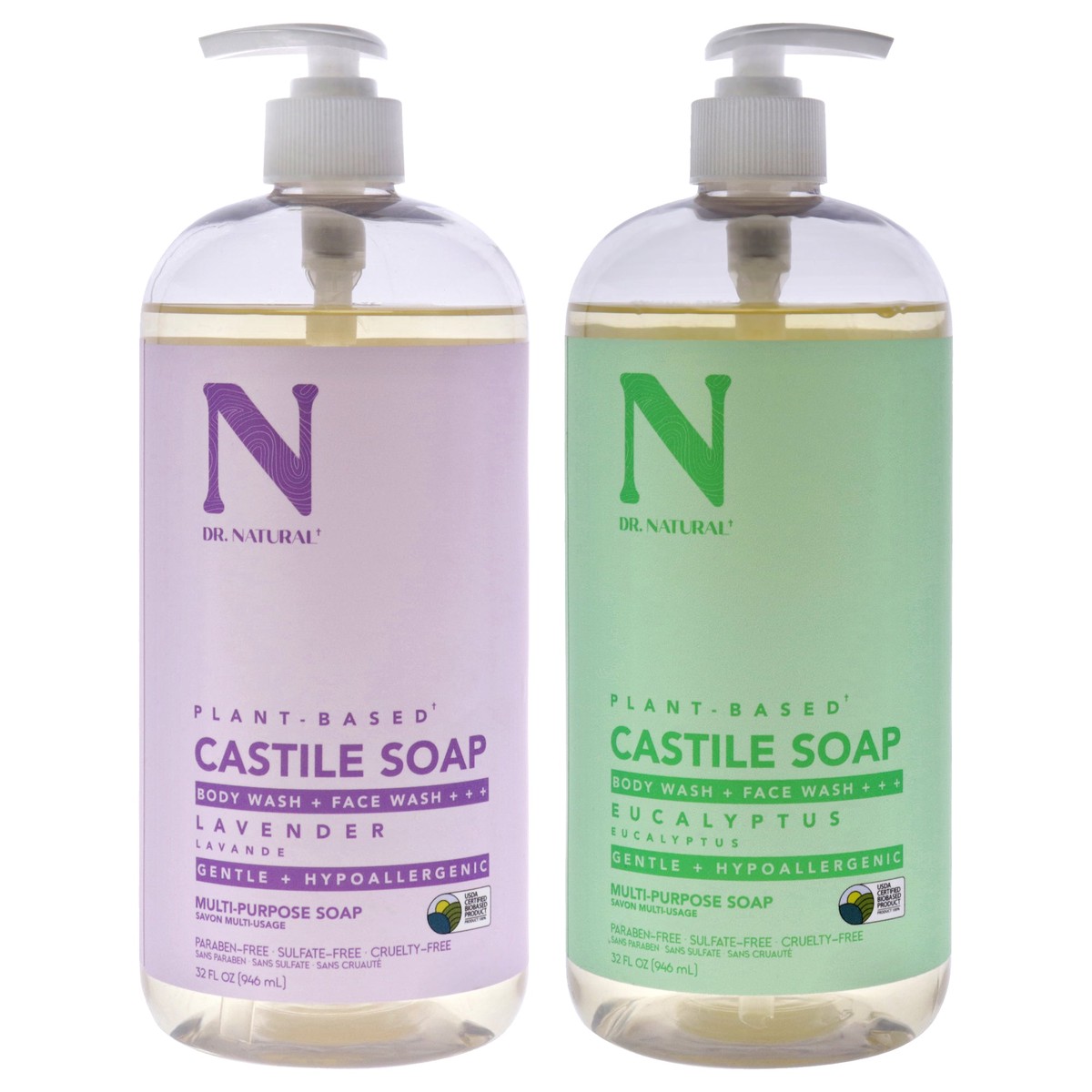 Dr. Natural Castile Liquid Soap Kit by Dr. Natural for Unisex - 2 Pc Kit 32oz Liquid Soap - Eucalyptus, 32oz Liquid Soap - Lavender