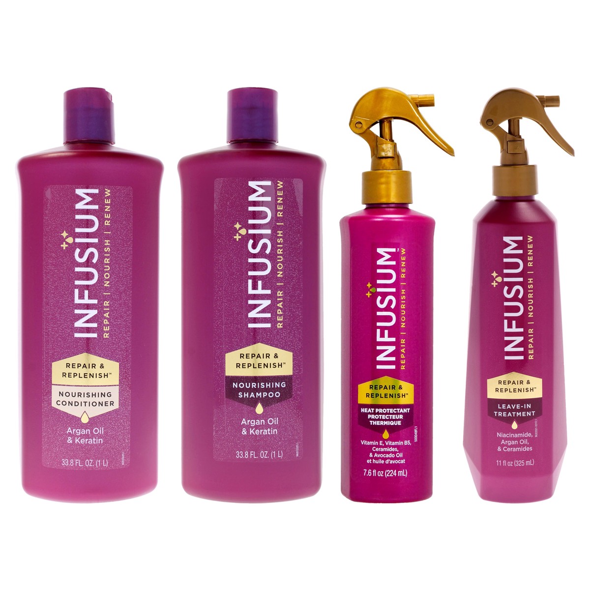 Infusium Moisturize and Replenish Conditioner - Shampoo with Repair and Replenish Heat Protector and Leave in Treatment Kit by Infusium for Unisex - 4 Pc Kit 33.8oz Conditioner, 33.8oz Shampoo,