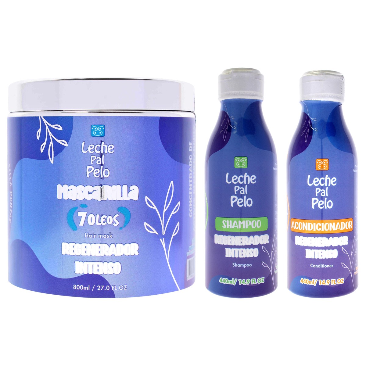 Leche Pal Pelo Intense Regenerator Kit by Leche Pal Pelo for Women - 3 Pc Kit 14.9oz Shampoo, 14.9oz Conditioner, 27oz 7 Oils Mask